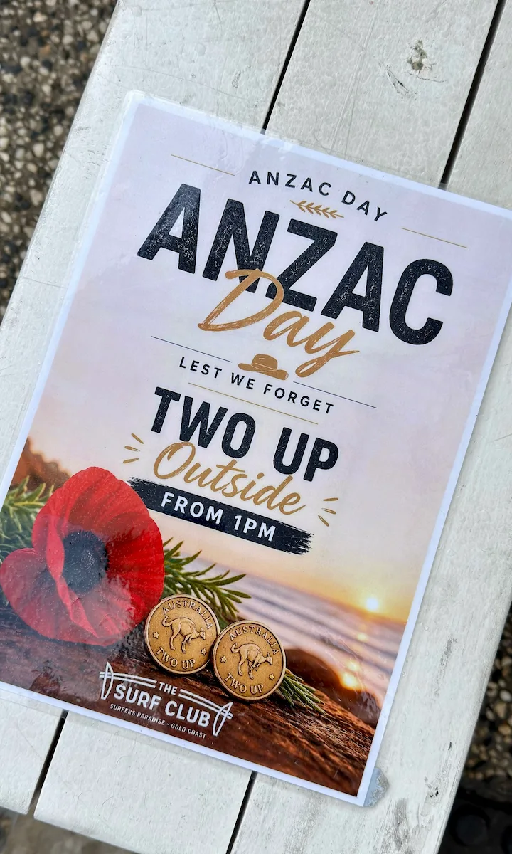 Cartel del Two up durante el ANZAC Day